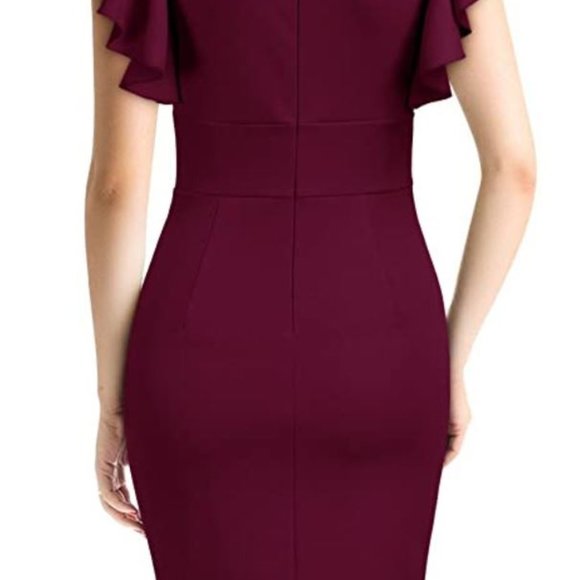 Wine Dress V-Neck with Ruffle Split - Picture 2 of 3